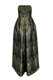 Current Boutique-Cynthia Rowley - Green Metallic Brocade Print Strapless High-Low Gown Sz 4