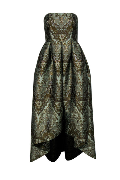 Current Boutique-Cynthia Rowley - Green Metallic Brocade Print Strapless High-Low Gown Sz 4