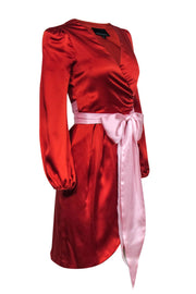 Current Boutique-Cynthia Rowley - Orange Long Sleeve Silk Wrap Dress w/ Light Pink Tie Sz 2