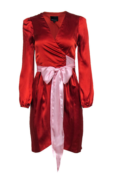 Current Boutique-Cynthia Rowley - Orange Long Sleeve Silk Wrap Dress w/ Light Pink Tie Sz 2