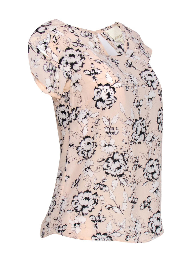 Current Boutique-Cynthia Rowley - Pink, White & Black Floral Print Silk Blouse Sz XS