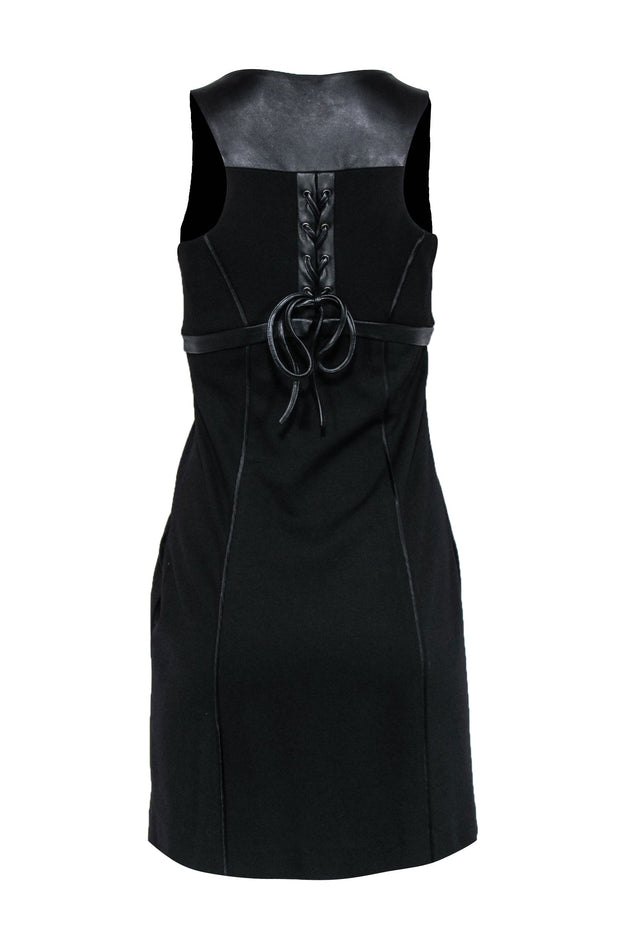 Current Boutique-Cynthia Steffe - Black Babydoll Leather Trim Dress w/ Lace-Up Back Sz 2