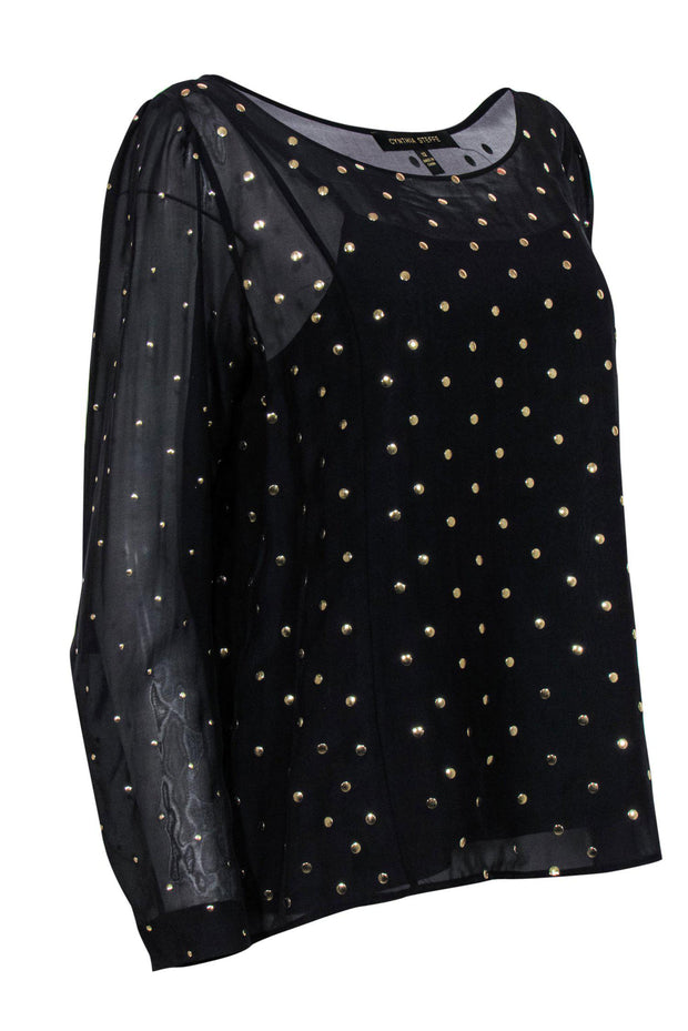 Current Boutique-Cynthia Steffe - Black Gold Studded Sheer Long Sleeve Blouse Sz 12