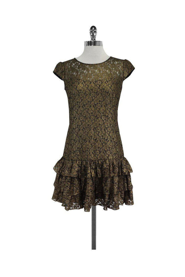 Current Boutique-Cynthia Steffe - Gold & Black Lace Cap Sleeve Dress Sz 2