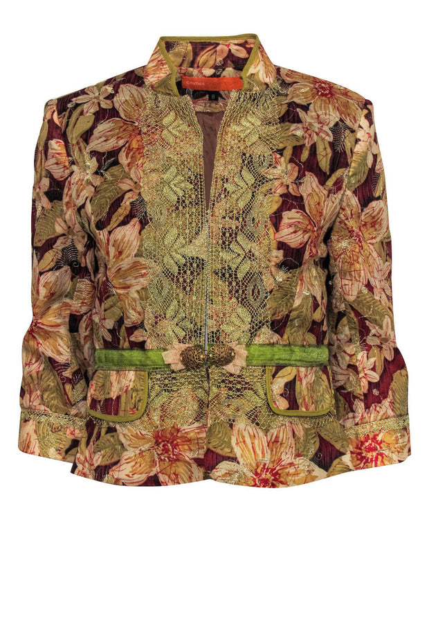 Current Boutique-Cynthia Steffe - Golden Metallic Floral Cotton Jacket w/ Lace Sz 8