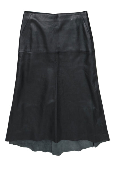 Current Boutique-DKNY - Black Smooth Leather Midi Skirt w/ Asymmetric Hem Sz 6