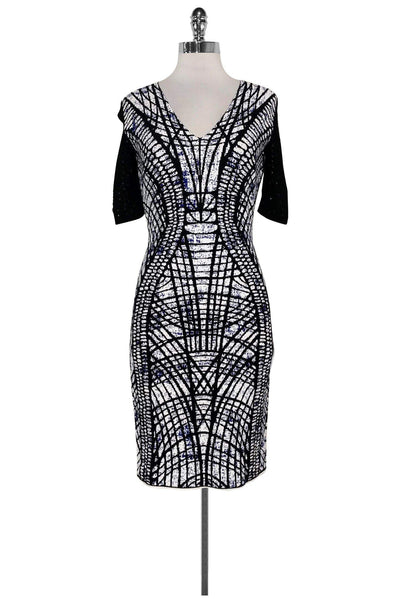 Current Boutique-D. Exterior - Black, White & Blue Abstract Dress Sz S