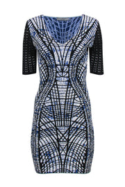 Current Boutique-D. Exterior - Blue, Black & White Abstract Print Short Sleeve Knit Bodycon Dress Sz 4