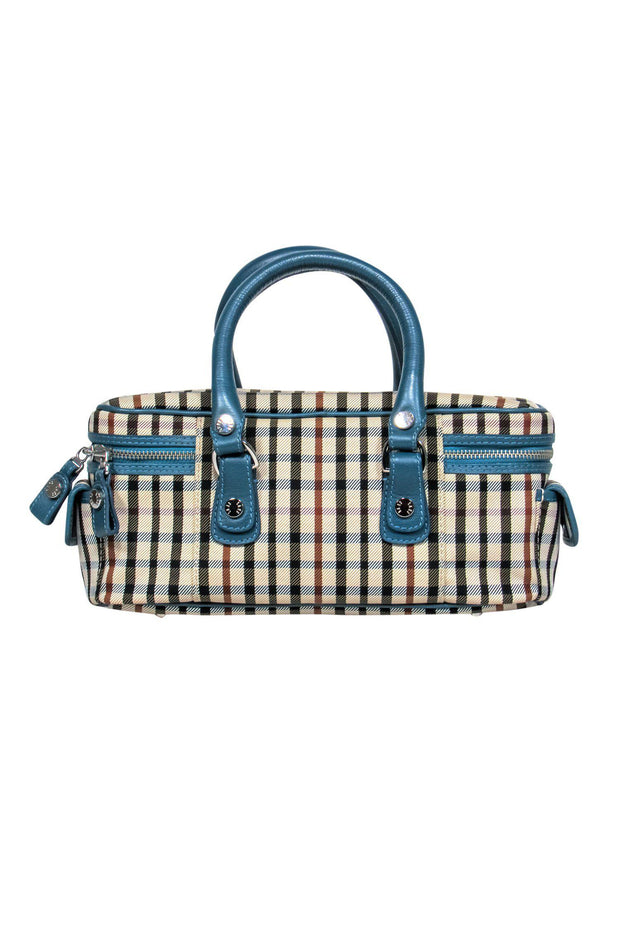 Current Boutique-Daks - Beige, Brown & Black Plaid Vanity-Style Handbag w/ Teal Trim