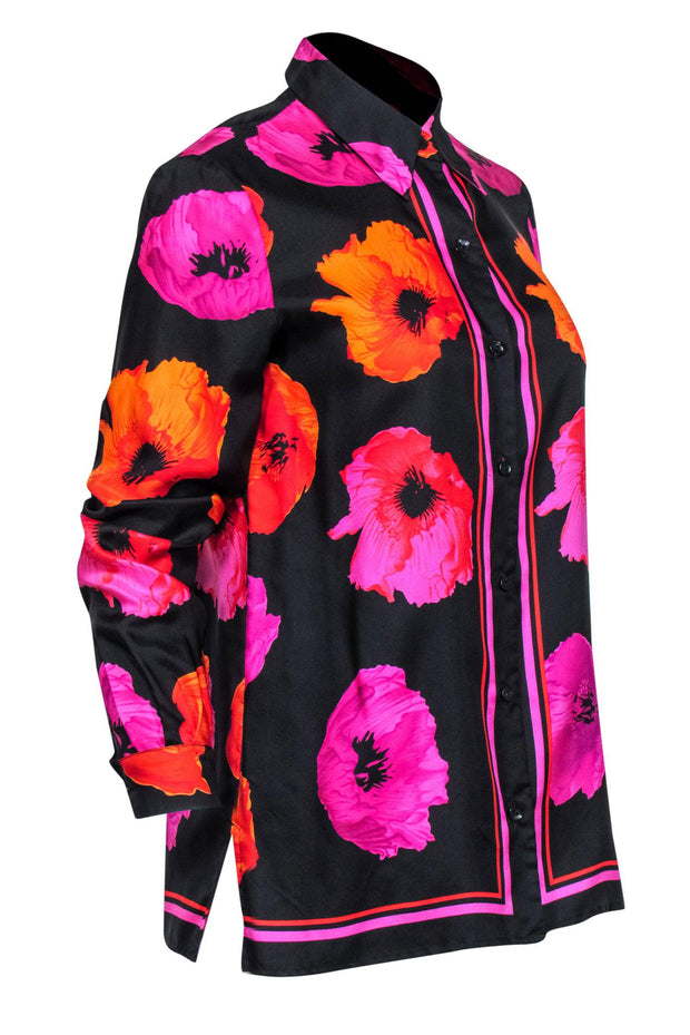 Current Boutique-Dana Buchman - Black, Orange & Pink Floral Silk Blouse Sz 4