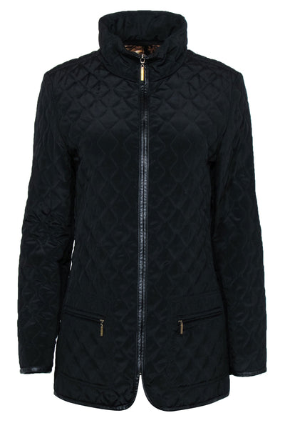 Current Boutique-Dana Buchman - Black Quilted Zip-Up Jacket w/ Leather Trim & Leopard Print Lining Sz S