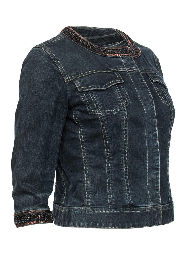Current Boutique-Dana Buchman - Dark Wash Denim Cropped Jacket w/ Beading Sz 4P