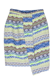 Current Boutique-Daniela Corte - Blue, Brown & Neon Green Tribal Print Pencil Skirt w/ Draped Front Sz XS