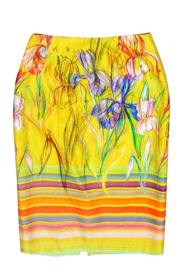 Current Boutique-Daniela Corte - Yellow & Multicolor Abstract Floral Print & Striped Pencil Skirt Sz XS