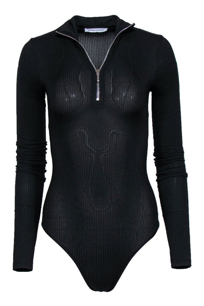Current Boutique-Danielle Guizio - Black Ribbed Long Sleeve Zip-Up Bodysuit Sz XS