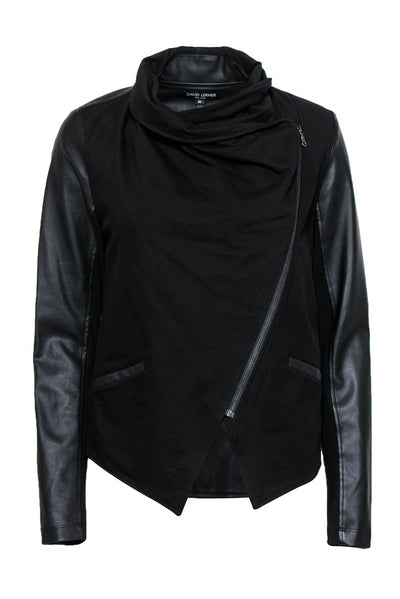 Current Boutique-David Lerner - Black Zip-Up Draped Jacket w/ Faux Leather Sleeves Sz M