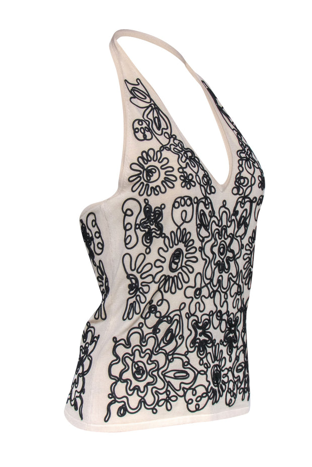Current Boutique-David Meister - Cream Knit Halter Top w/ Black Textured Embroidery Sz M