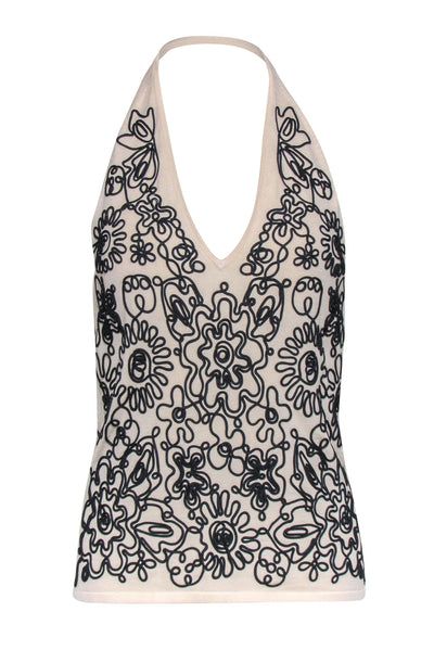Current Boutique-David Meister - Cream Knit Halter Top w/ Black Textured Embroidery Sz M