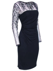 Current Boutique-David Meister - Navy Mesh Sleeve Cocktail Dress w/ Embroidery Sz 6