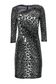 Current Boutique-David Meister - Olive, Black & White Leopard Print Quarter Sleeve Ruched Sheath Dress Sz 4