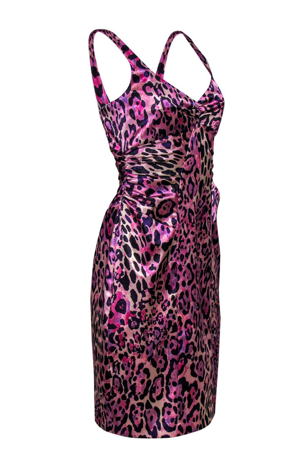 Current Boutique-David Meister - Purple & Pink Leopard Print Sleeveless Ruched Sheath Dress Sz 4