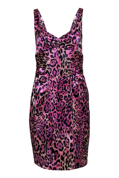 Current Boutique-David Meister - Purple & Pink Leopard Print Sleeveless Ruched Sheath Dress Sz 4