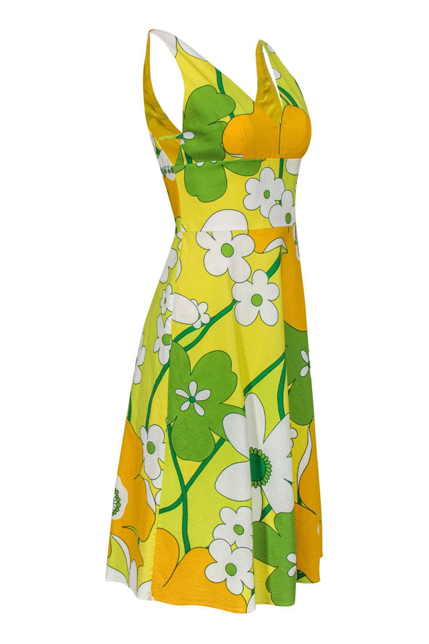 Current Boutique-David Meister - Retro Floral Print Cotton A-Line Dress Sz 4