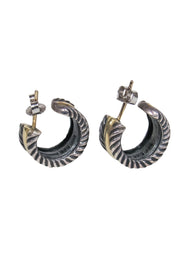 Current Boutique-David Yurman - Silver & Gold Etched Small Open Hoop Earrings