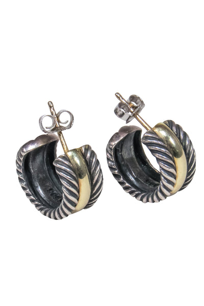 Current Boutique-David Yurman - Silver & Gold Etched Small Open Hoop Earrings