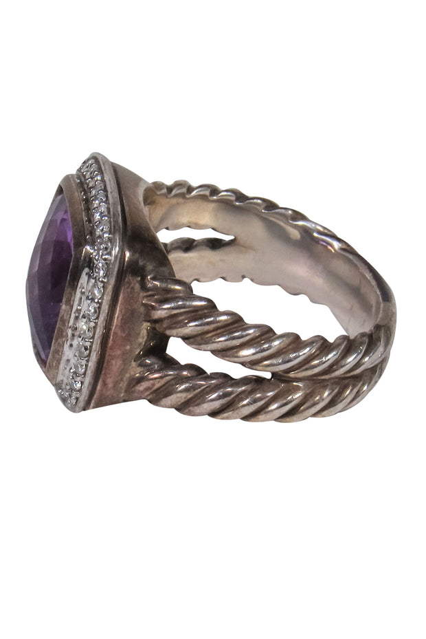 Current Boutique-David Yurman - Sterling Silver Braided Diamond Encrusted Ring w/ Amethyst Gem Sz 7