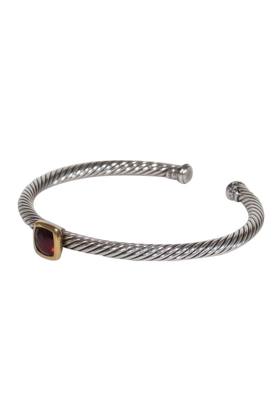 Current Boutique-David Yurman - Sterling Silver Twisted Bangle w/ Deep Red Gem