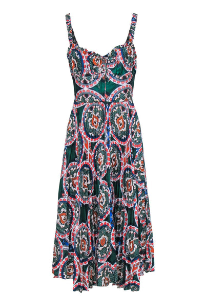 Current Boutique-Delfi - Green, Orange & Navy Mosaic Print Empire Waist Midi Dress Sz M