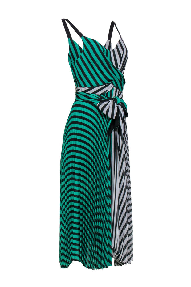 Current Boutique-Delfi - Green & White Striped Pleated Maxi Faux Wrap Dress Sz XS