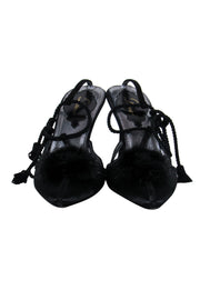 Current Boutique-Delman - Black Satin Pointed Toe Ankle Wrap Heels w/ Fur Pom Poms Sz 7.5