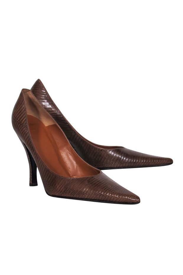 Current Boutique-Delman - Brown Leather Snakeskin Embossed Pointed Toe Stilettos Sz 6