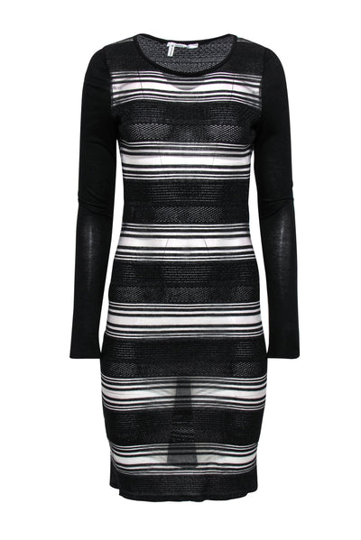 Current Boutique-Derek Lam 10 Crosby - Black Sheer Mesh Striped Long Sleeve Dress Sz S