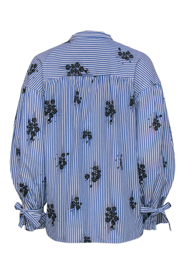 Current Boutique-Derek Lam 10 Crosby - Blue & White Striped & Floral Print Ruffle Long Sleeve Blouse Sz 4