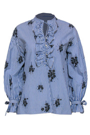 Current Boutique-Derek Lam 10 Crosby - Blue & White Striped & Floral Print Ruffle Long Sleeve Blouse Sz 4