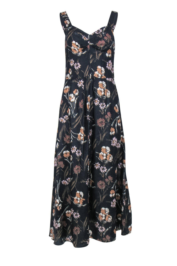 Current Boutique-Derek Lam 10 Crosby - Navy & Brown Textured Floral Print Sleeveless Maxi Dress Sz 4