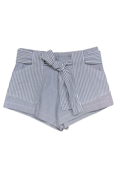 Current Boutique-Derek Lam 10 Crosby - White & Grey Striped Coton Shorts w/ Tie Belt Sz 2