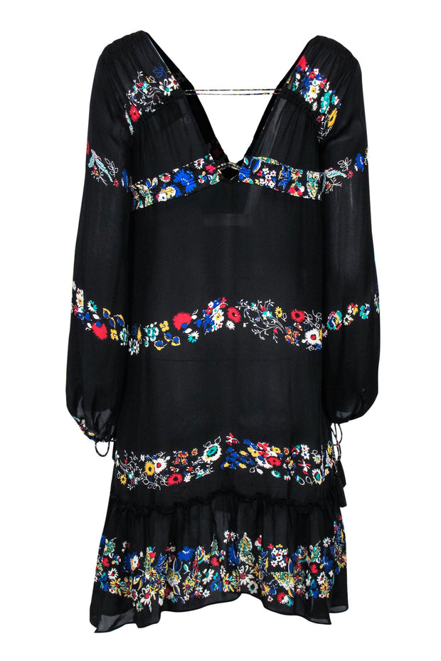 Current Boutique-Derek Lam - Black Floral Silk Peasant Dress w/ Tassel Ties Sz L