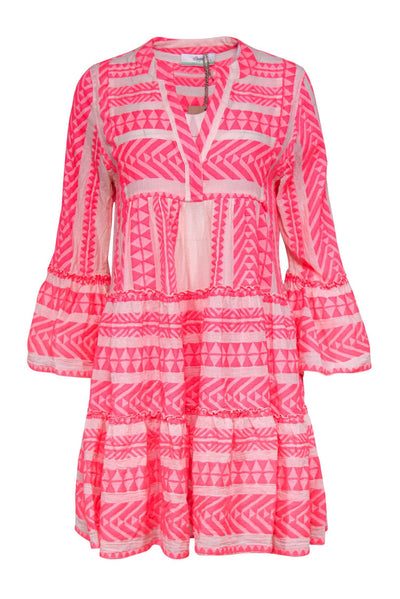 Current Boutique-Devotion Twins - Hot Pink Aztec Embroidered Bell Sleeve Shift Dress Sz S