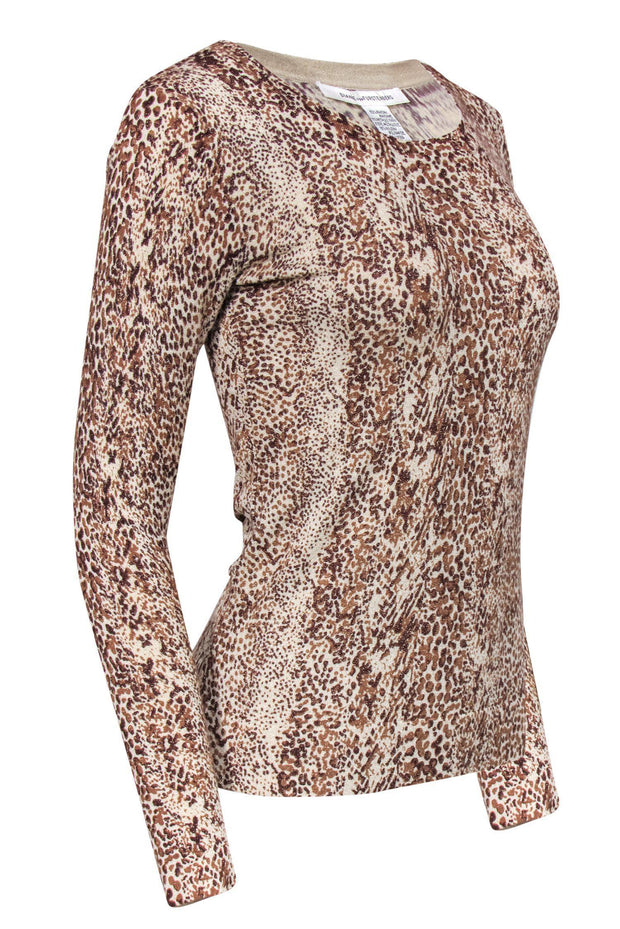 Current Boutique-Diane von Furstenberg - Beige & Brown Leopard Print Sparkly Sweater Sz S