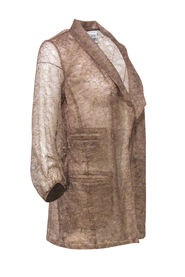 Current Boutique-Diane von Furstenberg - Beige & Gold Lace Open Front Kimono Sz 4