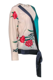 Current Boutique-Diane von Furstenberg - Beige, Green & Red Floral Print Silk Wrap Blouse Sz M
