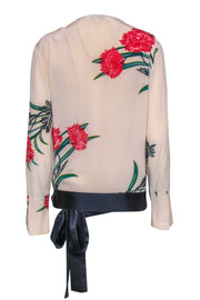 Current Boutique-Diane von Furstenberg - Beige, Green & Red Floral Print Silk Wrap Blouse Sz M