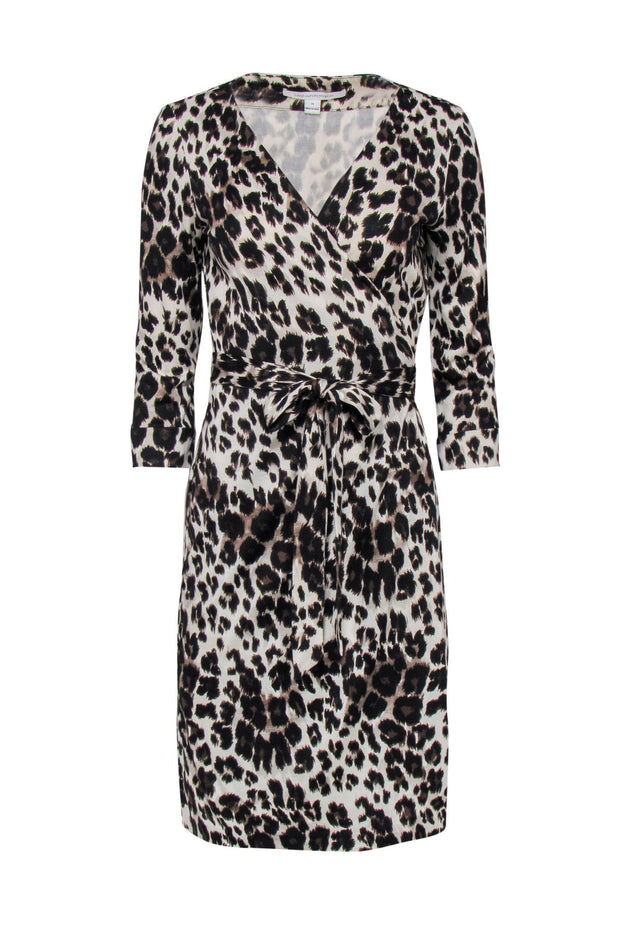 Current Boutique-Diane von Furstenberg - Beige Leopard Print Long Sleeve Silk Wrap Dress Sz 10
