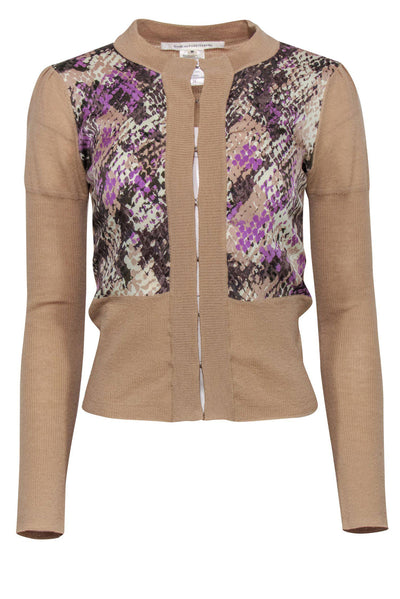 Current Boutique-Diane von Furstenberg - Beige & Purple Snakeskin Print Clasp-Up Wool Cardigan Sz M