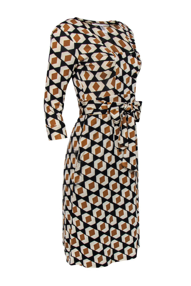 Current Boutique-Diane von Furstenberg - Black, Cream & Brown Printed Wrap Dress w/ Buttons Sz 4