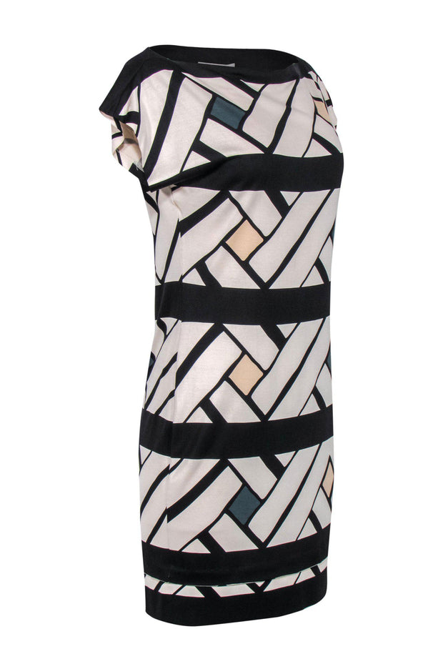 Current Boutique-Diane von Furstenberg - Black & Cream Printed Boat Neck Silk Dress Sz 6